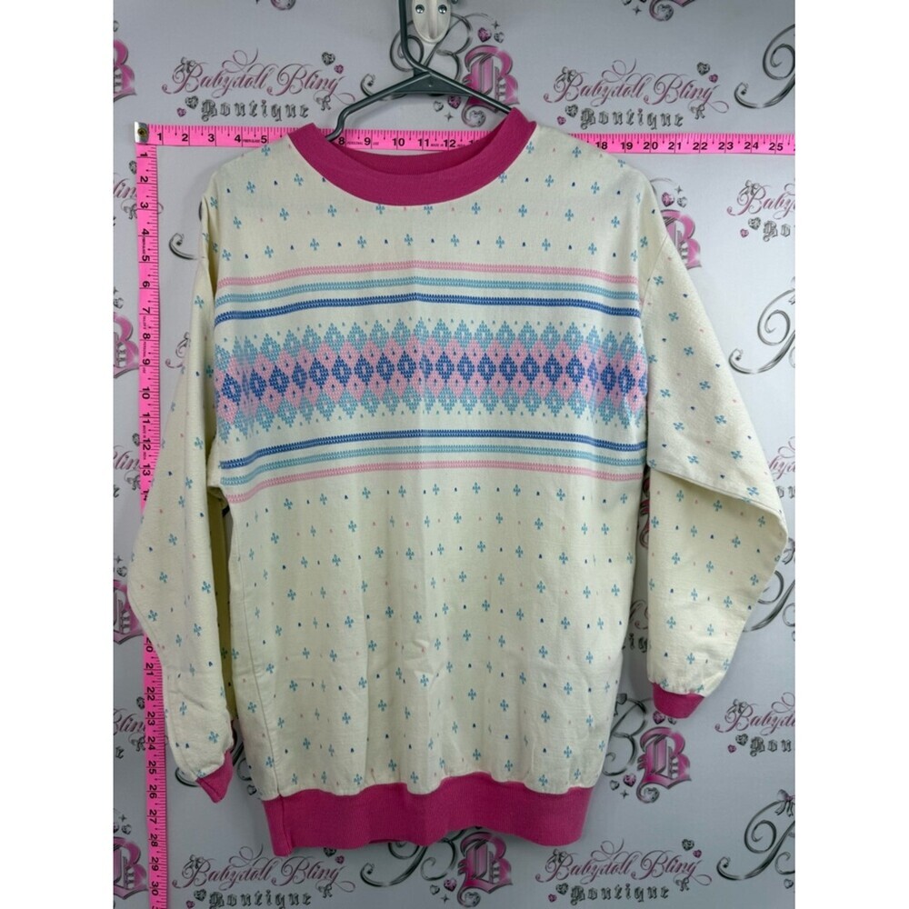 Avon fashions vintage shirt Women's Cream Fair Isle Sweater with Pink Trim